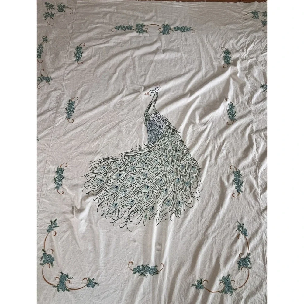 VTG Embroidered Peacock Coverlet Beadspread‎ 78x98